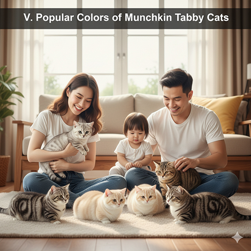 Gia đình hạnh phúc ngồi cùng nhiều mèo Munchkin Tabby với các màu lông khác nhau như nâu, bạc, kem và bicolor