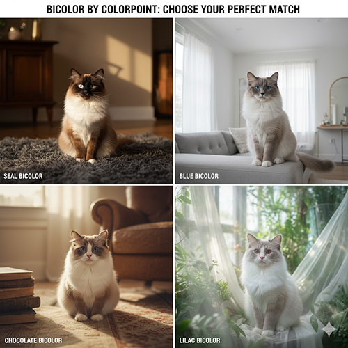 Bốn bé mèo Ragdoll bicolor lần lượt ở nền màu seal, blue, chocolate và lilac trong các bối cảnh khác nhau