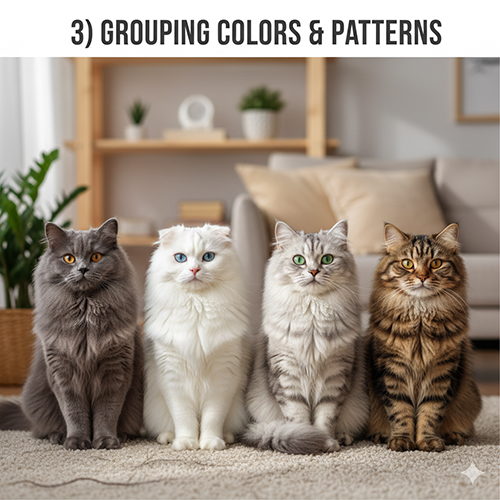 Bốn bé mèo Scottish Fold lai Anh lông dài với các màu xám, trắng, silver và tabby ngồi cạnh nhau trong phòng khách sáng, minh họa bảng màu coat dài phổ biến.