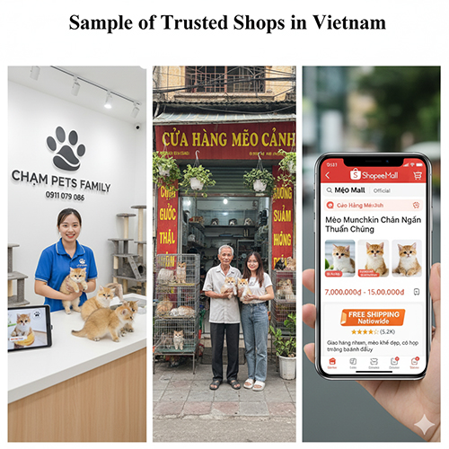 Ba khung hình: quầy Chạm Pets Family tại TP.HCM, cửa hàng thú cưng kiểu phố cổ Hà Nội và màn hình Shopee Mall chính chủ – minh họa mô hình shop bán mèo Munchkin uy tín ở Việt Nam