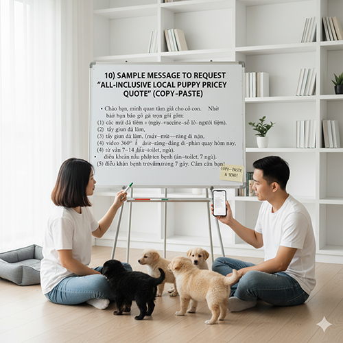 Cặp đôi trẻ cùng bốn chú chó con đang ngồi trước bảng hiển thị mẫu tin nhắn xin báo giá chó cỏ con trọn gói, người đàn ông cầm điện thoại đọc nội dung.