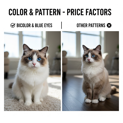 So sánh mèo Ragdoll bicolor mắt xanh và các pattern khác để minh họa yếu tố làm giá tăng