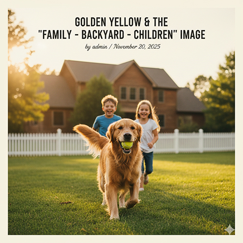 Chó Golden Retriever màu vàng chạy trên bãi cỏ trong sân vườn, hai bé nhỏ chạy theo phía sau tạo vibe gia đình ấm áp