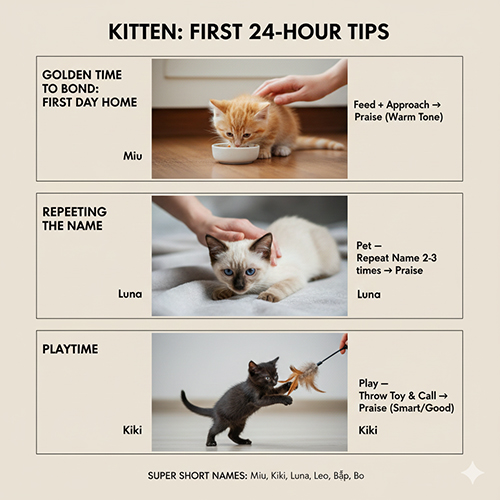 Hướng dẫn mẹo 24 giờ đầu giúp mèo con quen tên thông qua cho ăn, vuốt ve và chơi đùa