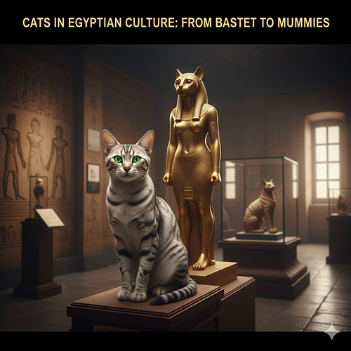 Mèo Ai Cập bên tượng Bastet trong không gian đền thờ, biểu tượng văn hoá và tín ngưỡng Ai Cập cổ đại