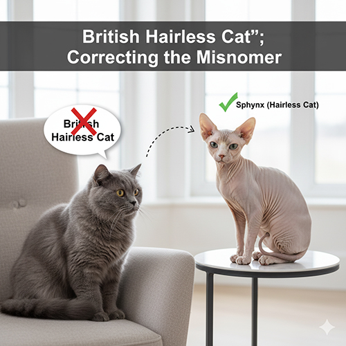 Mèo Sphynx và mèo Anh lông ngắn đặt cạnh nhau để minh họa hiểu lầm “mèo anh không lông” trong cách gọi dân gian