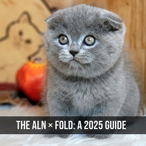 Mèo Anh lông ngắn tai cụp (ALN × Fold) dễ thương, lông xám mượt, tai cụp đặc trưng, ngồi trên nền lông trắng