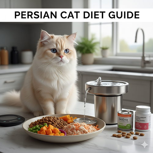 mèo Ba Tư ngồi trên bàn bếp cạnh đĩa thức ăn đầy đủ nhóm chất và máy lọc nước