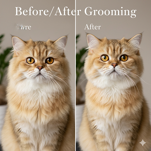 So sánh mèo Ba Tư trước và sau grooming, lông mượt và viền mắt sạch hơn