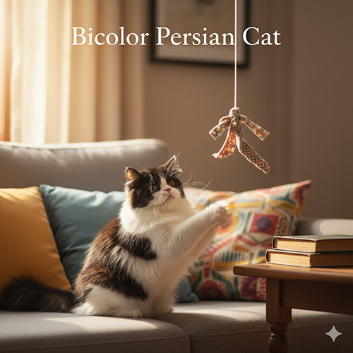 Mèo Ba Tư bicolor đang chơi đồ chơi trong phòng khách với gối màu và ánh nắng ấm