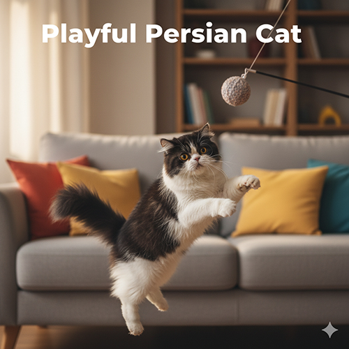 Mèo Ba Tư bicolor bật nhảy đuổi đồ chơi cần câu trong phòng khách nhiều màu sắc
