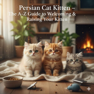 Ba mèo Ba Tư con ngồi cạnh nhau trong không gian ấm áp, đại diện cho cẩm nang đón và nuôi từ A–Z