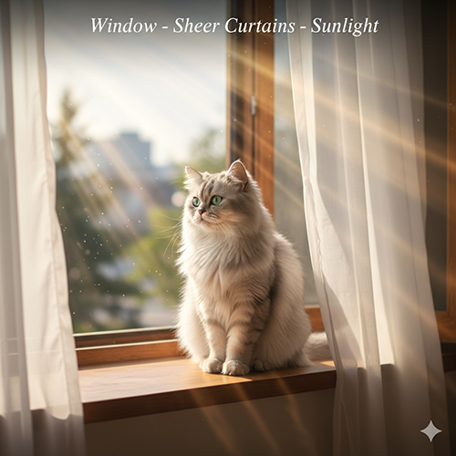 Mèo Ba Tư ngồi bệ cửa sổ với rèm voan và ánh nắng xiên tạo hiệu ứng lấp lánh