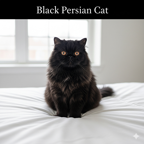 Mèo Ba Tư đen ngồi trên ga trắng trong ánh sáng cửa sổ, lông tách nền rõ