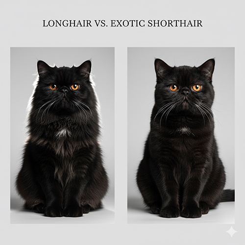So sánh mèo Ba Tư đen longhair và mèo Exotic Shorthair đen trong hai khung ảnh cạnh nhau