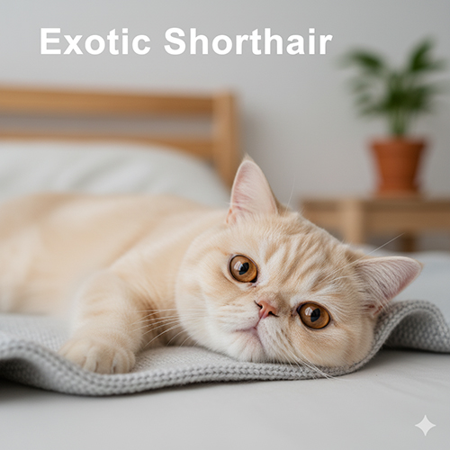 Mèo Ba Tư Exotic Shorthair lông ngắn nằm trên giường, gương mặt tròn và biểu cảm dễ thương