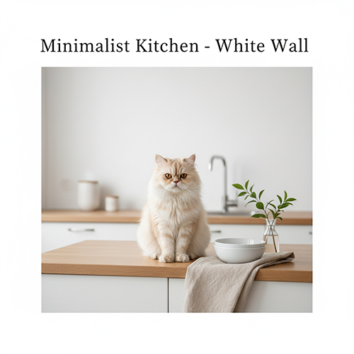 Mèo Ba Tư ngồi trên bàn bếp tối giản với tường trắng và đồ decor be nhẹ