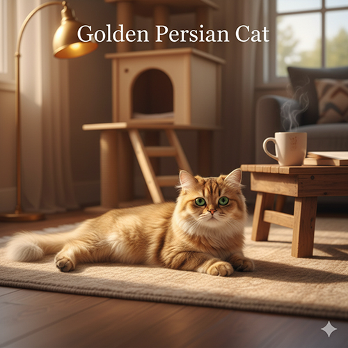 Mèo Ba Tư golden nằm trên thảm len, ánh đèn vàng ấm và nội thất gỗ