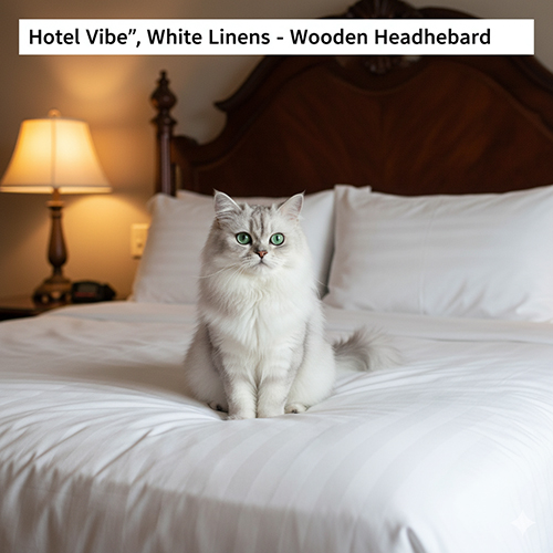 Mèo Ba Tư ngồi trên ga trắng với đầu giường gỗ kiểu khách sạn, ánh đèn ấm