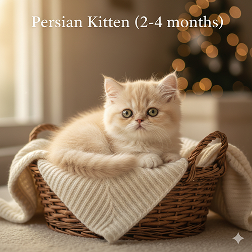 Mèo Ba Tư kitten 2–4 tháng nằm trong giỏ mây với chăn gân bông và ánh đèn ấm