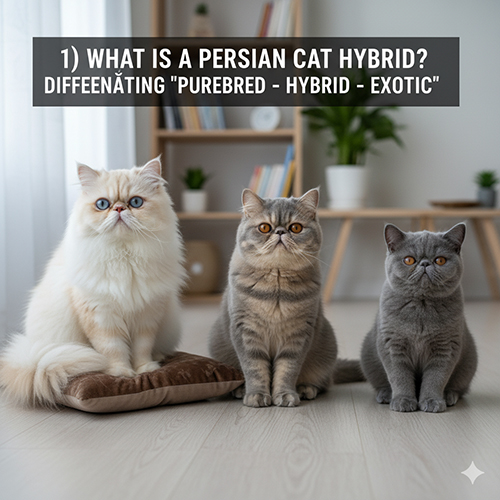 Ba chú mèo ngồi cạnh nhau gồm Ba Tư lông dài, mèo lai và Exotic Shorthair trong phòng sáng tự nhiên