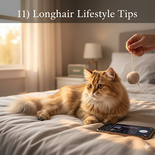 Mèo Ba Tư lông dài màu golden nằm trên giường trong ánh nắng chiều, chơi với đồ chơi treo