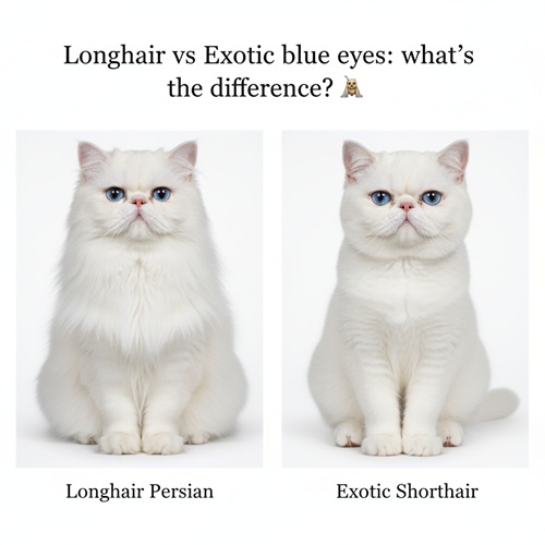Ảnh so sánh mèo Ba Tư lông dài và mèo Exotic Shorthair lông ngắn trắng mắt xanh ngồi trên nền trắng tối giản