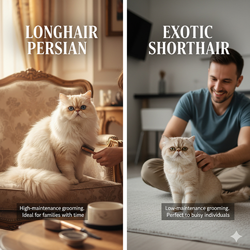 So sánh mèo Ba Tư lông dài và Exotic Shorthair về nhu cầu grooming và sự phù hợp với phong cách sống.