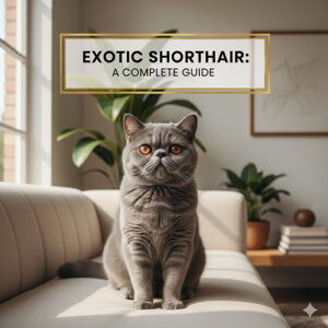 Ảnh mèo Ba Tư lông ngắn (Exotic Shorthair) màu xám ngồi trên ghế sofa trong phòng khách, minh họa cho cẩm nang nuôi và chăm sóc giống mèo này.