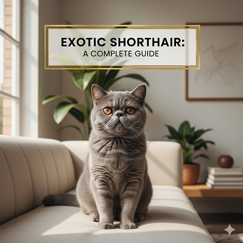 Ảnh mèo Ba Tư lông ngắn (Exotic Shorthair) màu xám ngồi trên ghế sofa trong phòng khách, minh họa cho cẩm nang nuôi và chăm sóc giống mèo này.