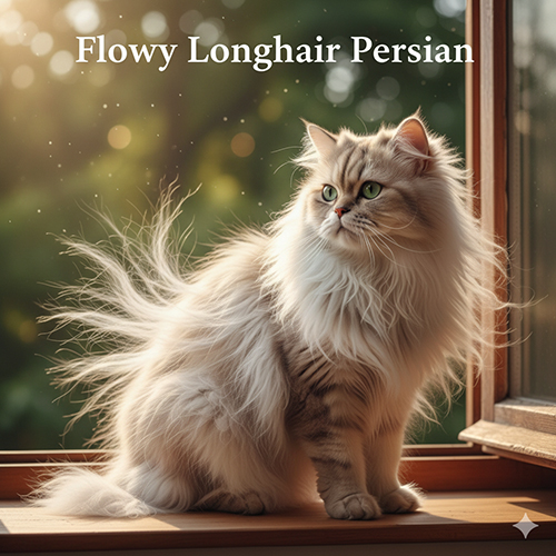 Mèo Ba Tư lông dài bồng bềnh đứng trên bệ cửa, lông bay nhẹ trong nắng sớm