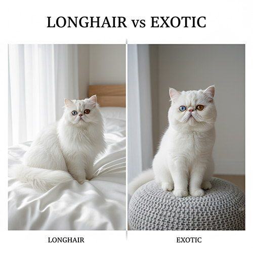 So sánh mèo Ba Tư lông dài và Exotic trắng ngồi trong phòng sáng, khác biệt texture lông và form mặt
