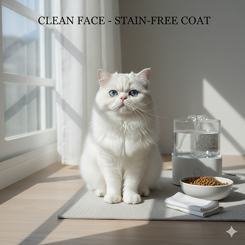 Mèo Ba Tư trắng ngồi cạnh bát ăn và máy nước trong phòng sáng, lông trắng sạch không ố và mặt gọn gàng