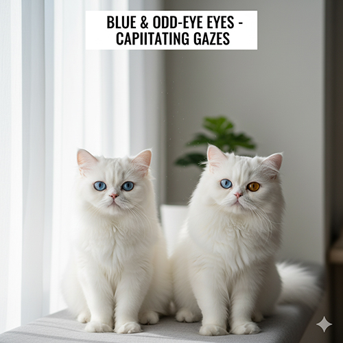 Hai mèo Ba Tư trắng với mắt xanh và odd-eye ngồi cạnh cửa sổ, ánh sáng dịu làm nổi bật màu mắt