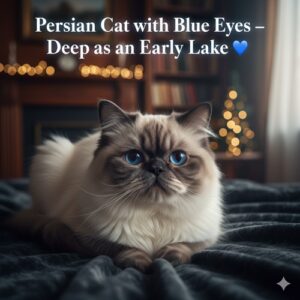 Mèo Ba Tư lông sáng mắt xanh nằm trên giường tối, phía sau là kệ sách và đèn bokeh vàng tạo không gian ấm cúng