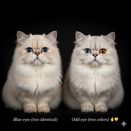 Hai mèo Ba Tư lông trắng kem ngồi cạnh nhau trên nền đen, một bé mắt xanh cả hai bên và một bé odd-eye một mắt xanh một mắt vàng