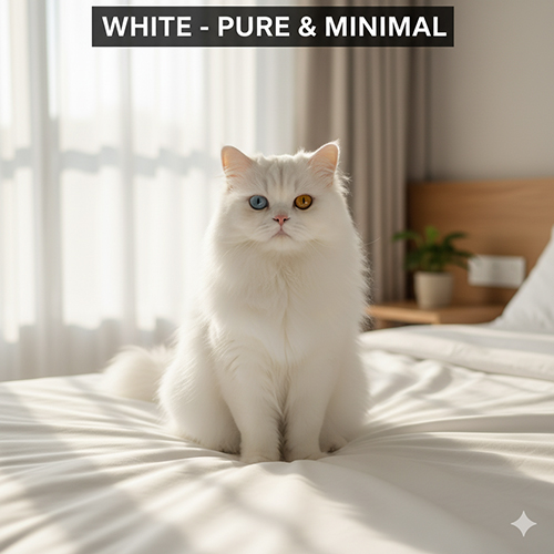 Mèo Ba Tư màu trắng với mắt xanh và odd-eye trong concept ánh sáng tối giản, nhận biết đúng và gợi ý chụp ảnh