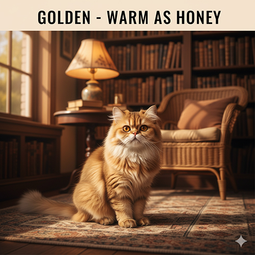 Mèo Ba Tư màu vàng golden trong không gian library ấm, phân biệt golden và golden shaded kèm gợi ý concept ảnh