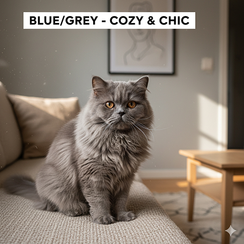 Mèo Ba Tư màu xám blue trong không gian nội thất Scandi, nhận diện đúng sắc độ và gợi ý concept ảnh