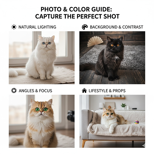 Bốn kiểu ảnh mèo Ba Tư với ánh sáng tự nhiên, nền tương phản, góc chụp chuẩn và lifestyle căn hộ – minh họa mẹo chụp ảnh đẹp