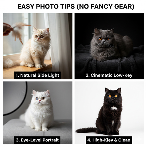 Mẹo chụp ảnh mèo Ba Tư với ánh sáng tự nhiên, low-key, eye-level và high-key đơn giản tại nhà