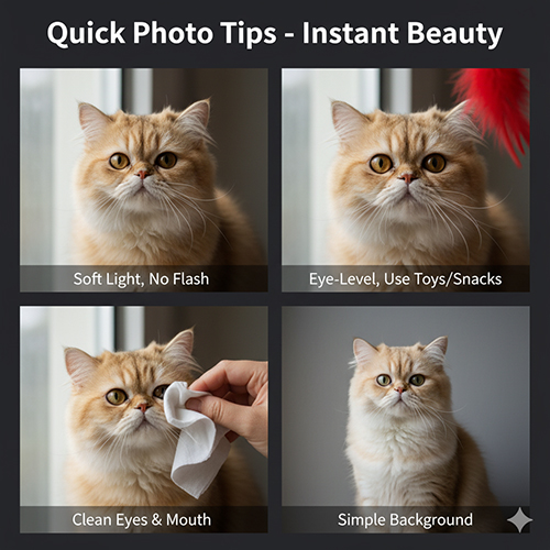Bộ mẹo chụp ảnh mèo Ba Tư nhanh đẹp: ánh sáng dịu, eye-level, lau mắt miệng và nền đơn giản