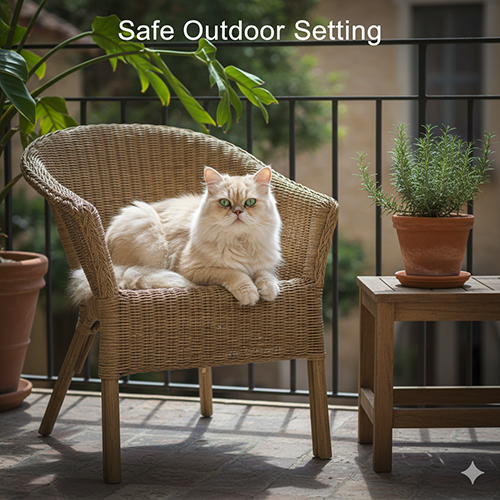 Mèo Ba Tư nằm trên ghế mây ở ban công an toàn với cây rosemary và ánh sáng nhẹ