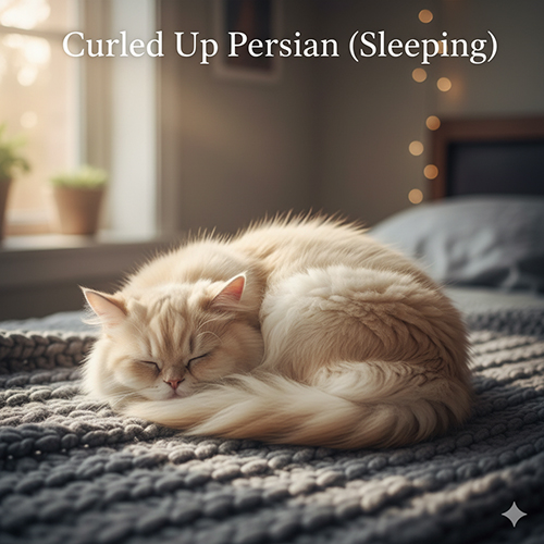 Mèo Ba Tư ngủ cuộn tròn trên chăn len trong ánh sáng ấm nhẹ