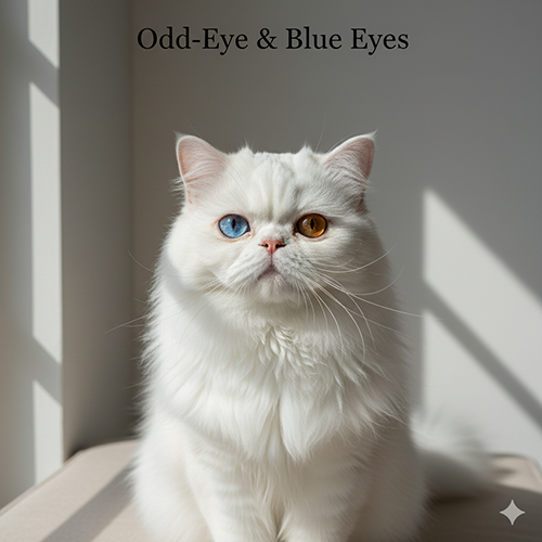 Mèo Ba Tư trắng với mắt odd-eye xanh và vàng trong ánh nắng xiên, gương mặt tròn và lông trắng tinh