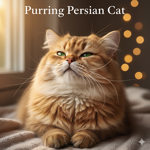 Mèo Ba Tư nhắm mắt purr mỉm cười trong ánh đèn vàng ấm