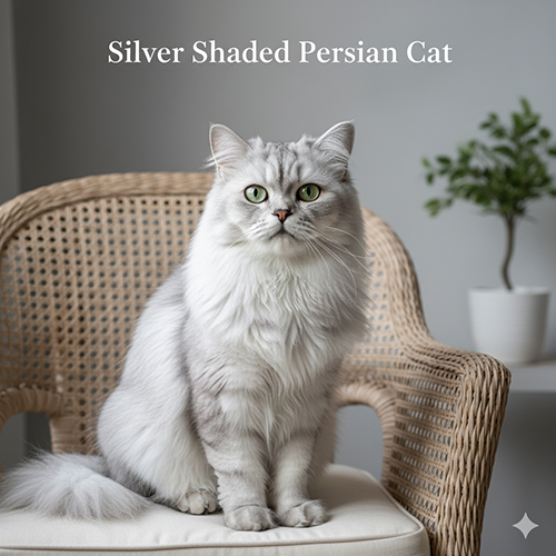 Mèo Ba Tư silver/silver shaded ngồi trên ghế mây, nền ghi trắng tối giản