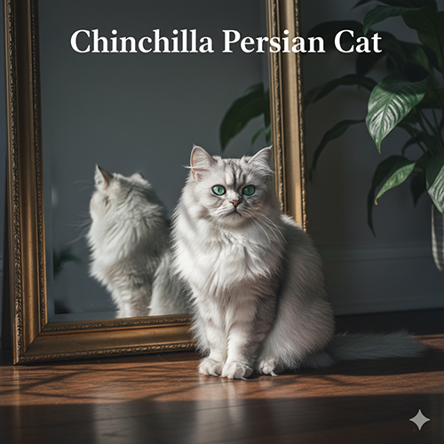 Mèo Ba Tư chinchilla/smoke ngồi trước gương với ánh sáng xiên tạo hiệu ứng đổi màu lông