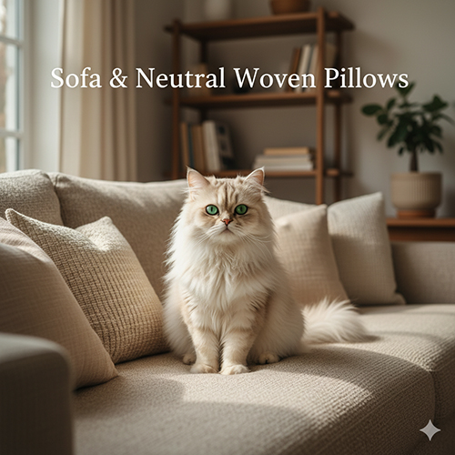 Mèo Ba Tư ngồi trên sofa với gối dệt trung tính, ánh sáng cửa sổ dịu nhẹ