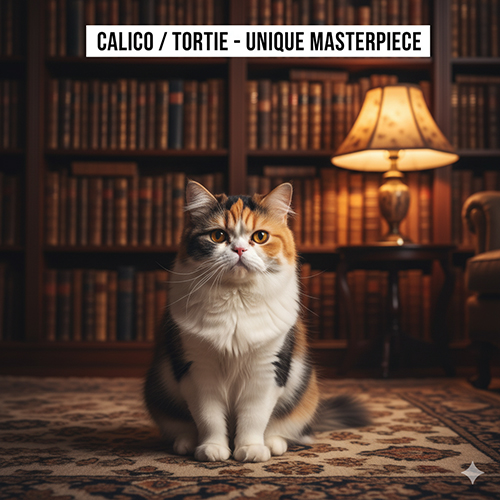 Mèo Ba Tư tam thể Calico/Tortie với mảng màu trắng–vàng–đen nổi bật trong không gian library ấm